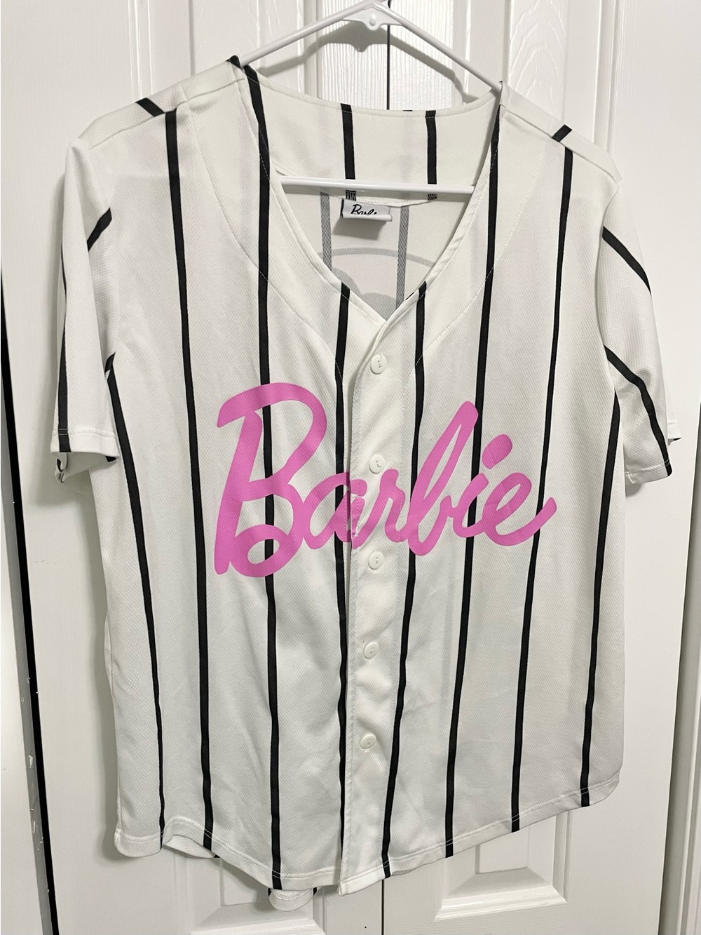 Mattel Barbie White Baseball-Style Button Front Top with Pink Script